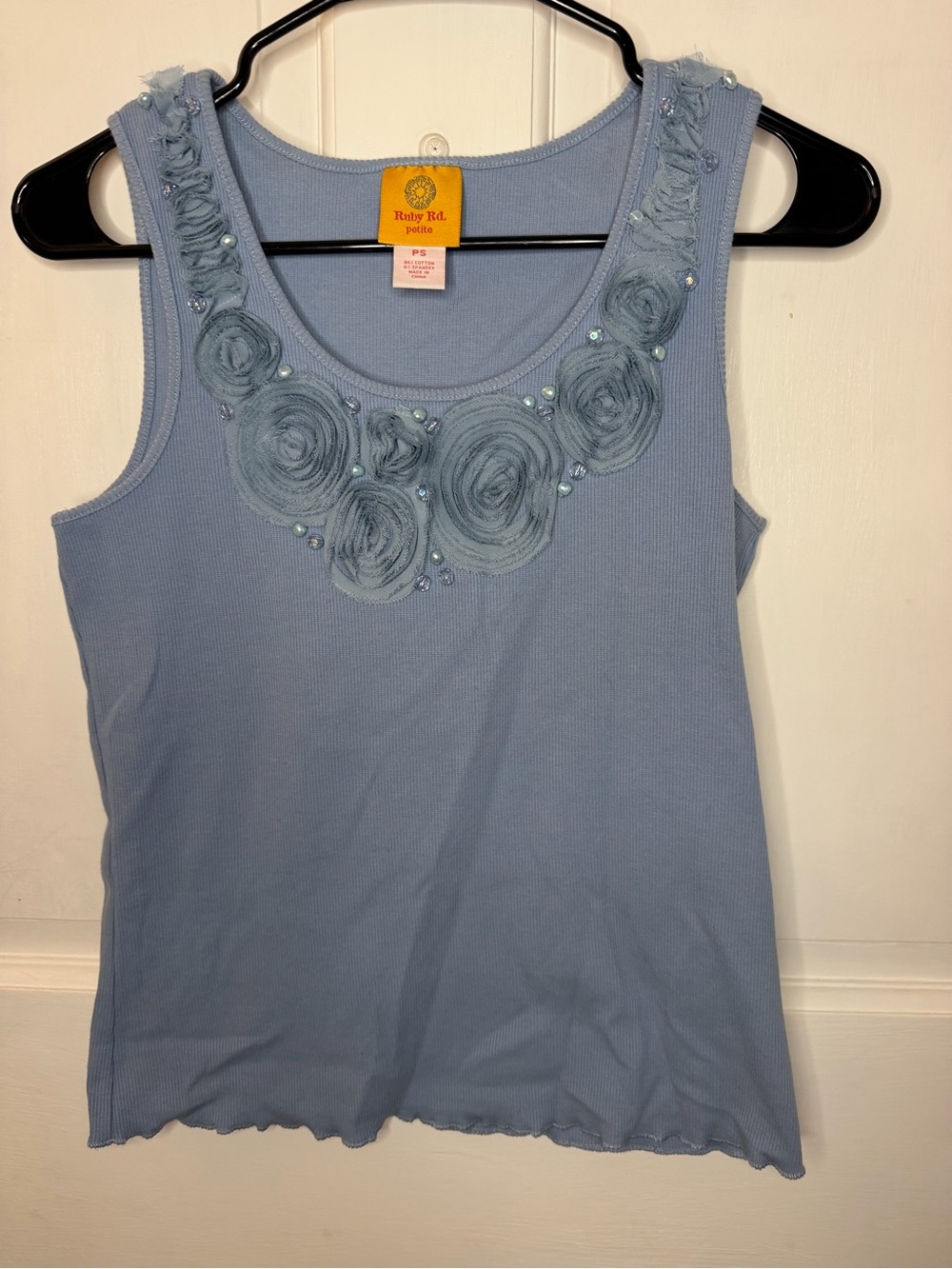 Ruby Rd. Petite Powder Blue Floral Rosette Tank